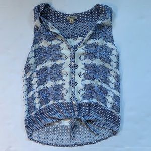 Lucky Brand tie-front tank top.  Blue & white.